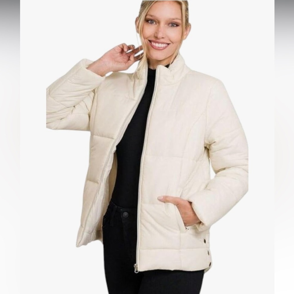 Zenana Zipper Winter Puffer Zip Up Jacket with Pockets bone size medium - Picture 1 of 3